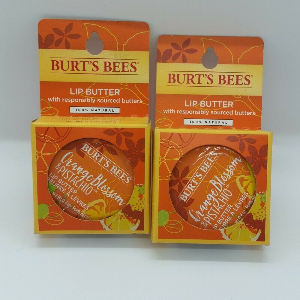 Two 2 Burts Bees Natural Lip Butter Tin 0.4 oz Orange Blossom Pistachio